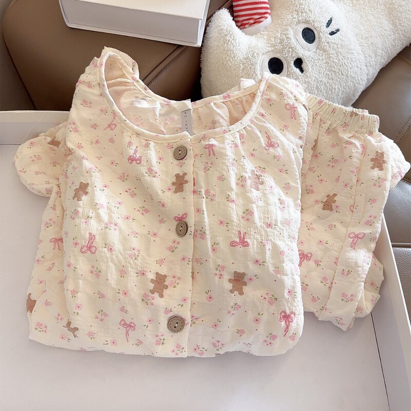 Japanese-Style Ins Sweet Floral Bear Long-Sleeve Long-Pants Pajamas for Women, New Spring and Autumn Bubble Cotton with Chest Pad Loungewear