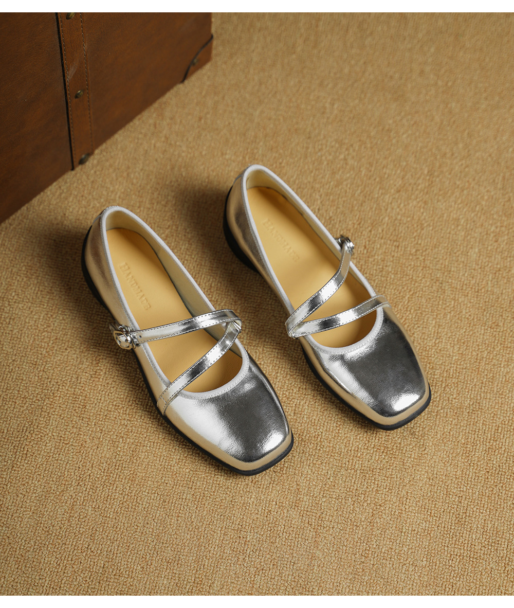 Giày Mary Jane nữ da cừu miệng nông đế bệt phong cách học sinh quai ngang khóa Velcro — đen chi tiết 12