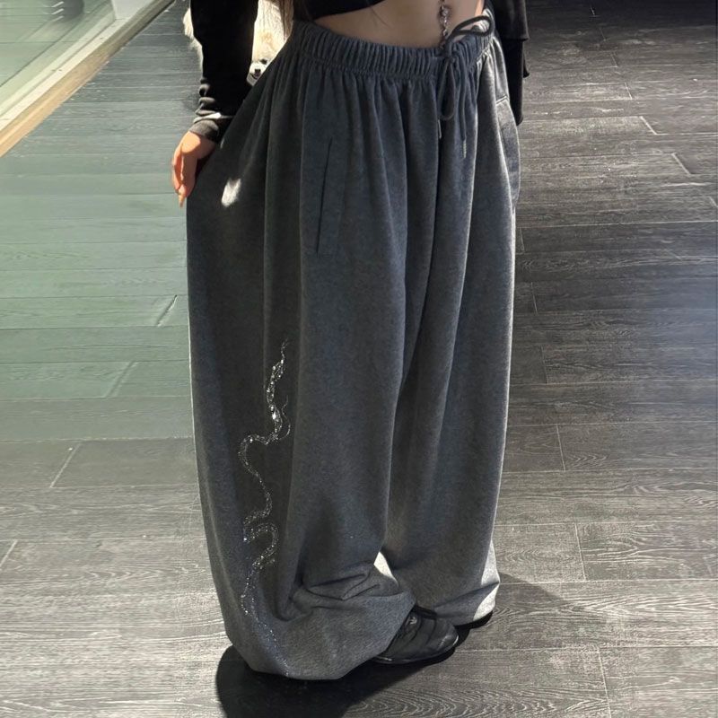 【Draped Cotton】Ins Internet Celebrity American Retro Lazy Style Rhinestone Wide-Leg Loose Jazz Street Dance Casual Pants
