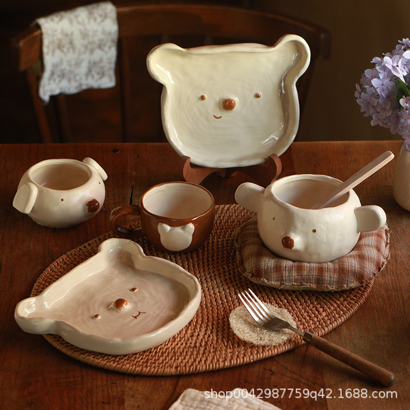 Pupu Bear食堂家庭用手絞り丼手絞り不規則な釉下カラー漫画ボウルデザートボウルプレートカップ|undefined