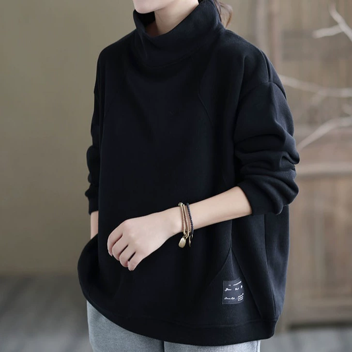 Ретро весенний хлопчатобумажный полувысокий воротник плюс бархатный свитер женский 2024 осень и зима куртка с длинными рукавами повседневный пуловер свободный топ