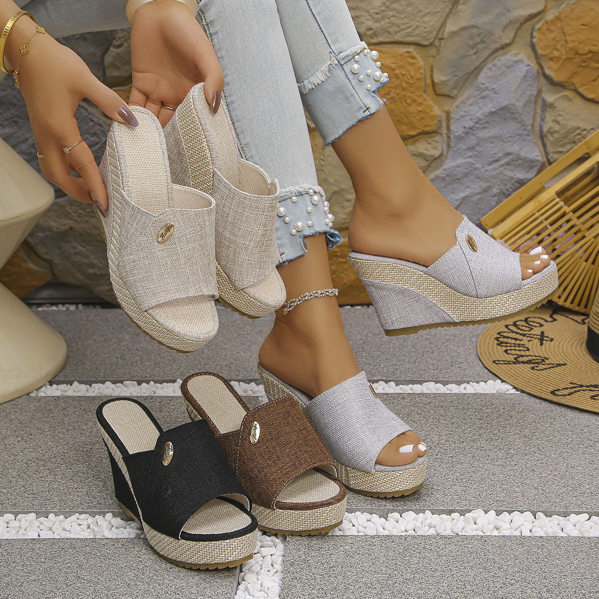 Women's Wedge Sandals Fabric Platform Plus Size European American Style Color Block Peep Toe_voghion.com