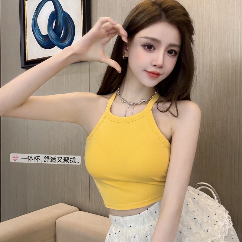 Summer Pure Desire High-Neck Halter Pure Cotton Camisole with Chest Pads, Outerwear Base Tube Top
