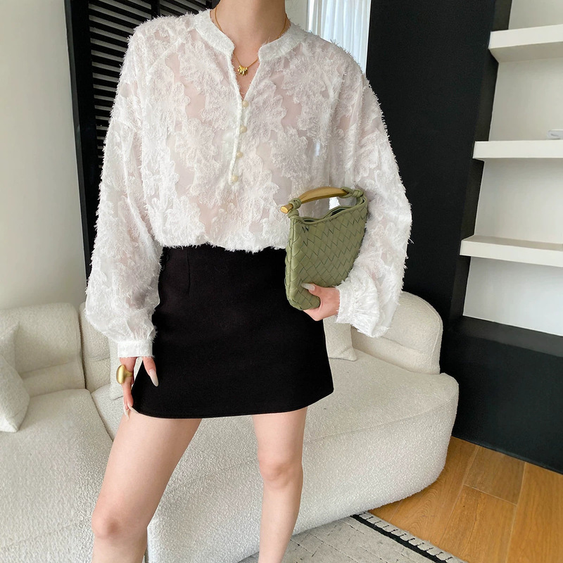Textured Jacquard Tassel Long-Sleeve Shirt for Women, Autumn Gentle Stand-Up Collar Semi-Open Front Slightly Sheer Loose Elegant Lace Blouse Textured Jacquard Tassel Long-Sleeve Shirt for Women, Autumn Gentle Stand-Up Collar Semi-Open Front Slightly Sheer Loose Elegant Lace Blouse