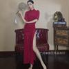 Three Quarter Sleeve High elastic Dance costume Chinese Red Jacobs Flocking Broken flowers Improvement cheongsam Stand collar Self cultivation Split ends