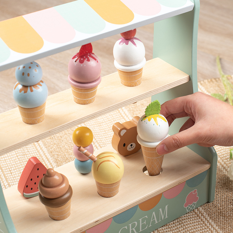 Simulación de madera helado estante de venta de dulces barril tienda de juguetes de madera helado para niños