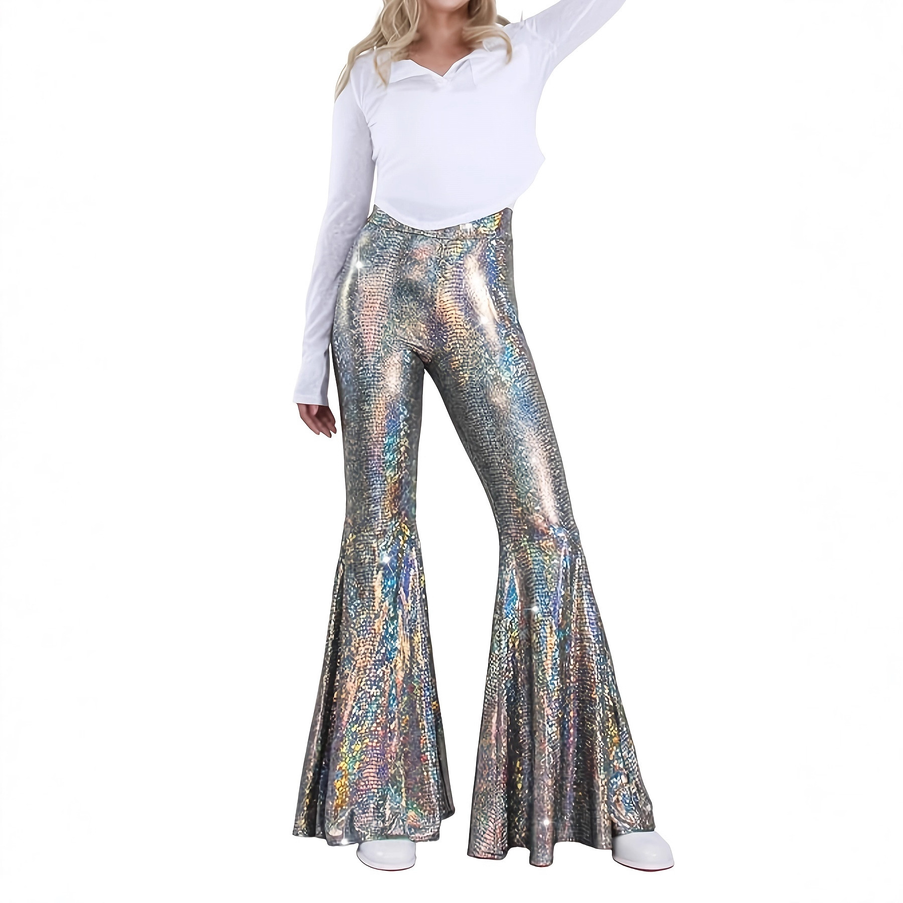 Spring and Summer Thin Gold-Stamped Snakeskin Pattern Flared Pants for Women, High-Waisted, Stretchy, Plus-Size, Sexy Micro-Flared Pants, Extra-Long, Height-Enhancing