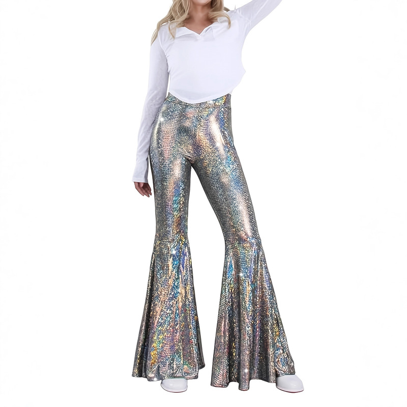Spring and Summer Thin Gold-Stamped Snakeskin Pattern Flared Pants for Women, High-Waisted, Stretchy, Plus-Size, Sexy Micro-Flared Pants, Extra-Long, Height-Enhancing