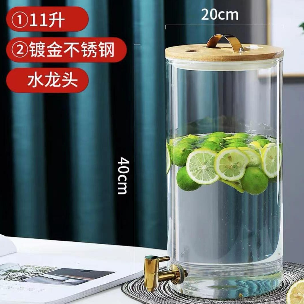 Jugo de vidrio puede beber cubo con grifo comercial limón jugo cubo gran capacidad sellada enzima cubo jugo trípode