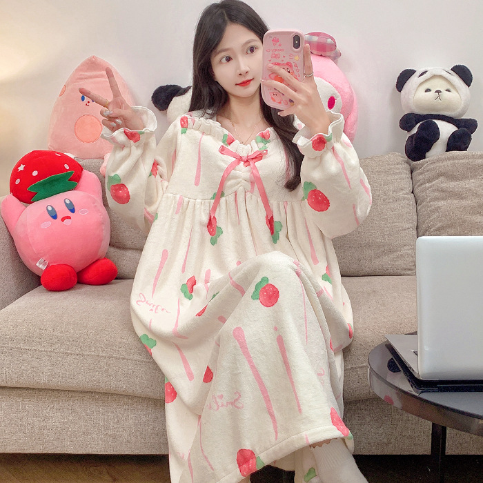 Pijama de franela de invierno, vestido de rodilla de mujer, vestido de pijama de dibujos animados simple y cálido, vestido de pijama casero dulce