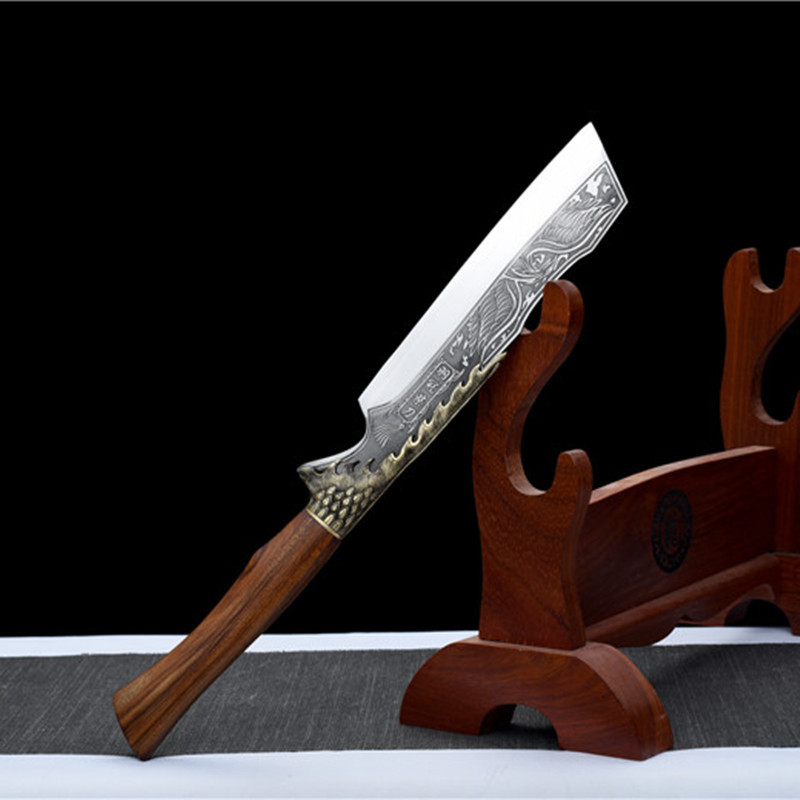 龙泉侠客堂砍柴刀新款锰钢锻打洛花镰刀带皮套户外用刀铜装厚实