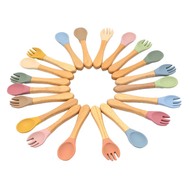 Bebé mango de madera tenedor cuchara traje de alimentación de los niños de madera mango tenedor cuchara conjunto cuchara de silicona tenedor bebé alimento suplemento tenedor cuchara traje image 1