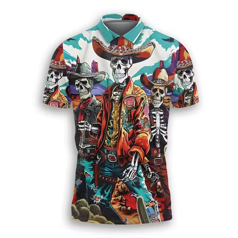 Men's Trendy Skull Cowboy Pattern Polo Shirt Fashion Summer Street Trend 3D Printed Short Sleeve Polo Shirt Men's Trendy Skull Cowboy Pattern Polo Shirt Fashion Summer Street Trend 3D Printed Short Sleeve Polo Shirt