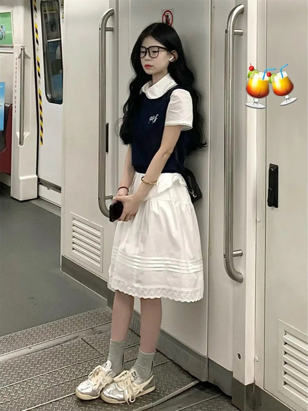 韩系气质休闲运动服套装女夏季2025新款衬衫短袖背心半身裙三件套|undefined
