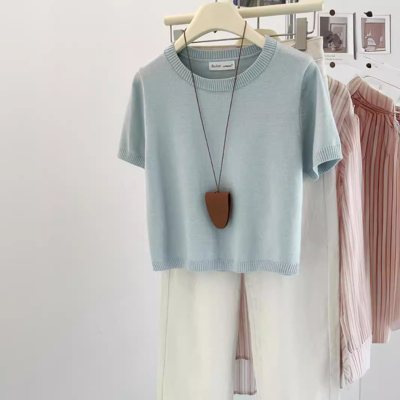 Real Shot ~ Shoulder Short-sleeved T-shirt Women's Summer Thin Ice Silk Knitted Sweater Real Shot ~ Shoulder Short-sleeved T-shirt Women's Summer Thin Ice Silk Knitted Sweater