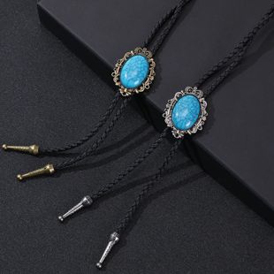 European and American Retro Turquoise Oval Pendant Long Necklace Men's and Women's Suit Shirt Bow Knot Woven Leather Woolen Chain