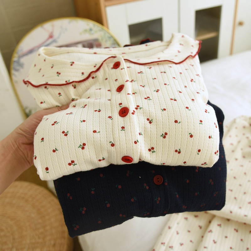Padded Sakura Set Knitted Cotton Pajamas Long Sleeve Long Pants Loose Comfortable Sweet Plus Size Homewear Set