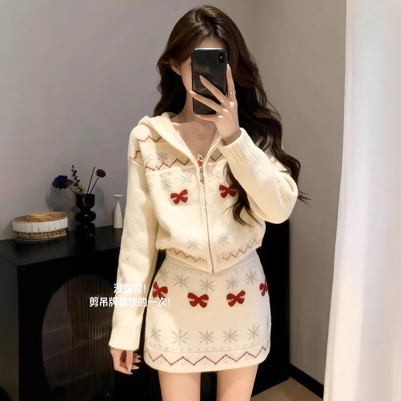 Stunning Christmas Fair Isle Hooded Sweater Cardigan for Women, Autumn and Winter High-End Knit Top, Fashionable Short Skirt Set Stunning Christmas Fair Isle Hooded Sweater Cardigan for Women, Autumn and Winter High-End Knit Top, Fashionable Short Skirt Set