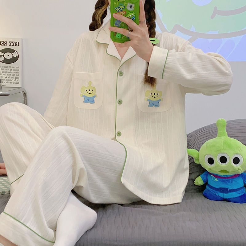 Pijamas simples frescos de las mujeres de algodón peinado Jacquard de otoño e invierno de manga larga cardigan linda chica dulce traje de desgaste para el hogar