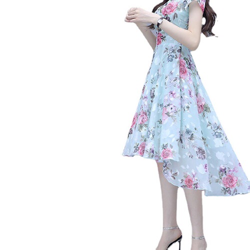 029 women's summer new summer forest series irregular slimming printed milk silk dress