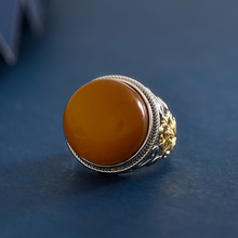 s925银镂空雕花纹镶嵌蜜蜡大蛋面活口指环复古中式霸气戒指男女款