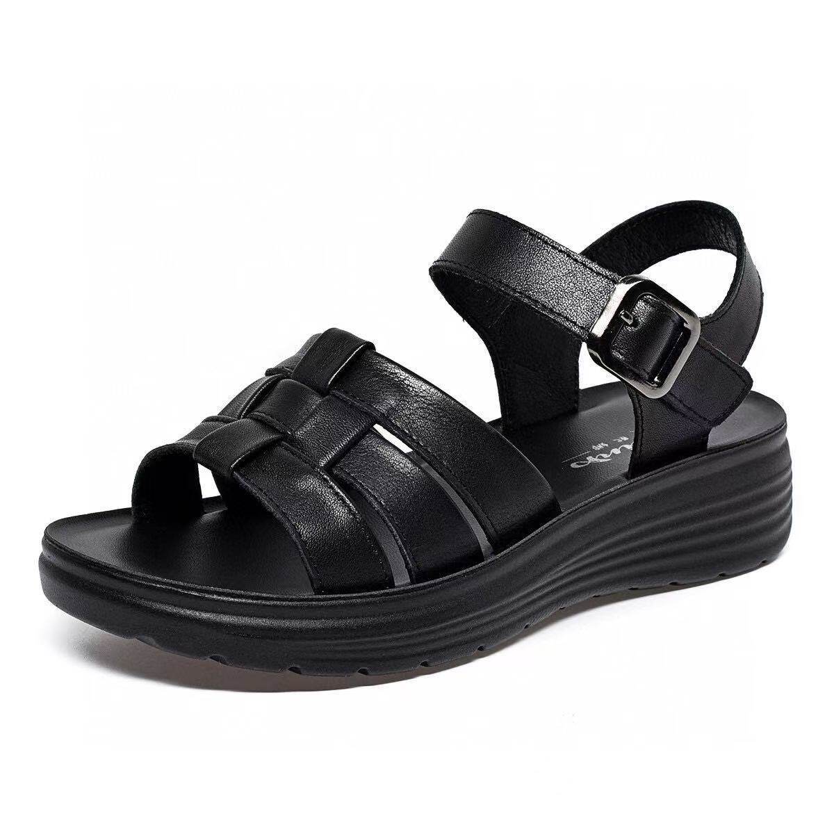 Sandal nữ hở mũi đế xuồng da thật gót thấp mềm phong cách cơ bản — màu đen