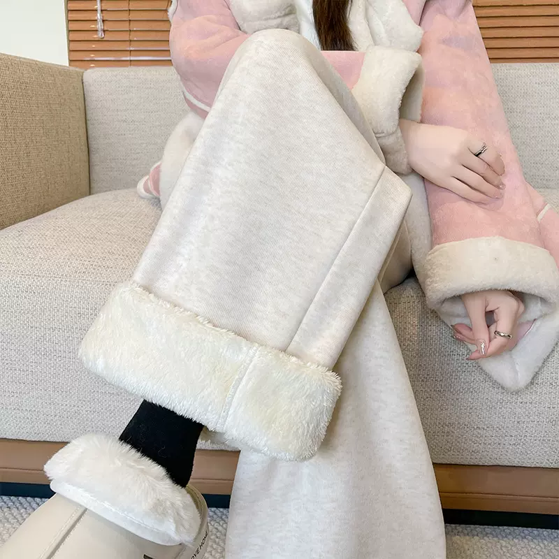 羊羔绒阔腿裤子女秋冬季2024新款宽松垂感灯芯绒休闲棉裤加绒卫裤