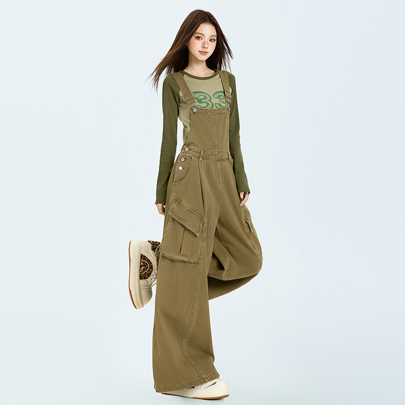 美式复古工装风牛仔背带裤女2025新款韩版时尚气质宽松阔腿连体裤|undefined