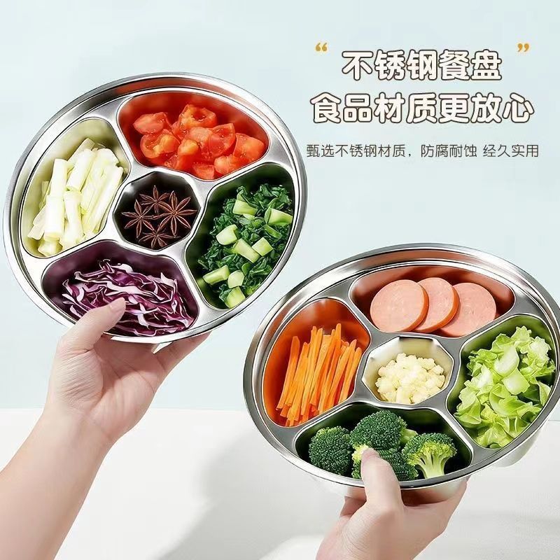 Stainless steel steaming tray, serving tray, round tray, snack tray, divided plate, round storage tray, household dish, cold dish, kitchen
