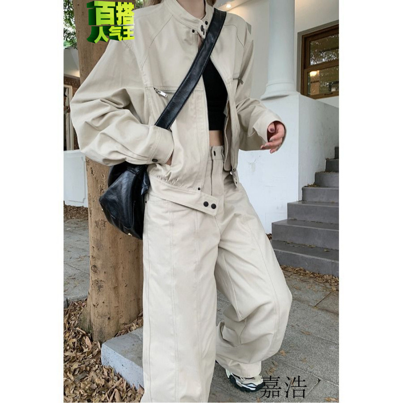 复古套装女气质立领夹克外套2025年春季高腰工装裤休闲裤两件套|undefined