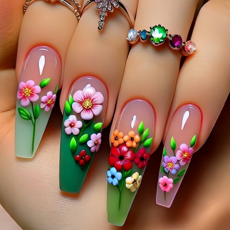 Long Ballet Armor Green Plant Flower Pattern False Nail Light Powder Fairy Ins Style European and American Style Removable Nail