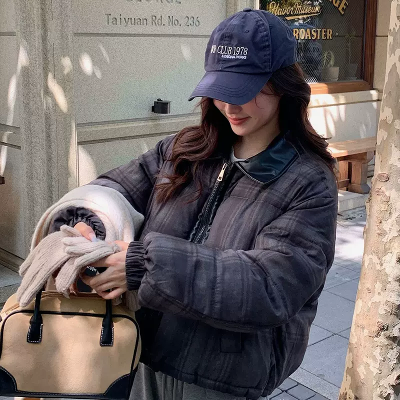 新品亚马逊欧美复古格子设计感冬棉服韩版宽松立领加厚面包服外套