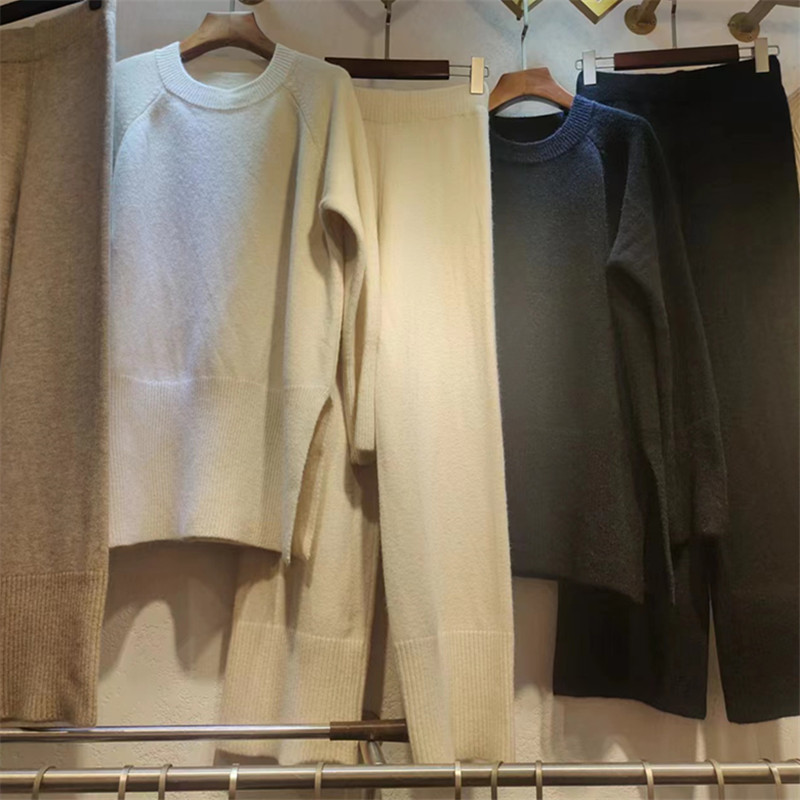 Alto sentido otoño e invierno nuevo suelto split suéter casual pantalones de dos piezas conjunto de luz madura temperamento traje de las señoras