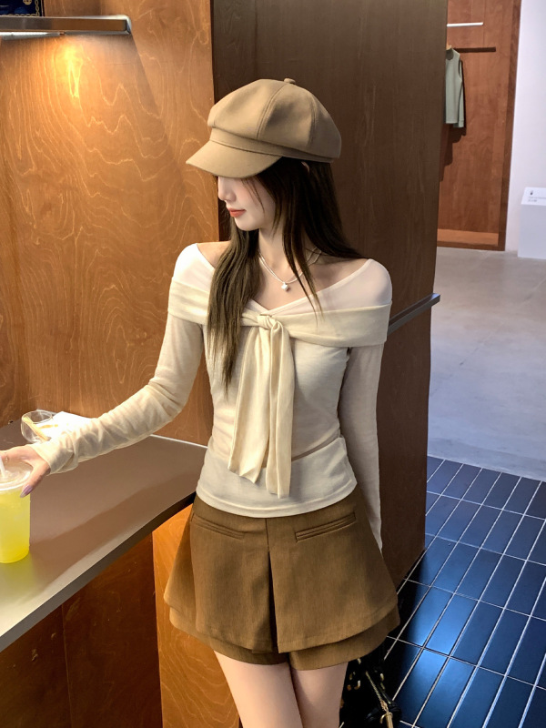 一字肩网纱拼接撞色绑带长袖T恤女2025初秋季显瘦修身打底衫上衣|undefined