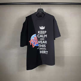 巴黎B家新款拼接露肩高街短袖世家男女宽松百搭潮流T恤学院复古te