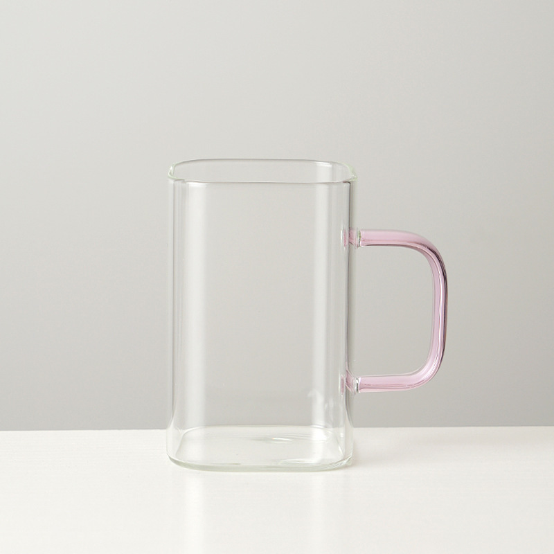 Taza de agua de boca cuadrada al por mayor, taza de vidrio cuadrada de borosilicato, taza de leche doméstica, taza de café con asa, taza de jugo simple