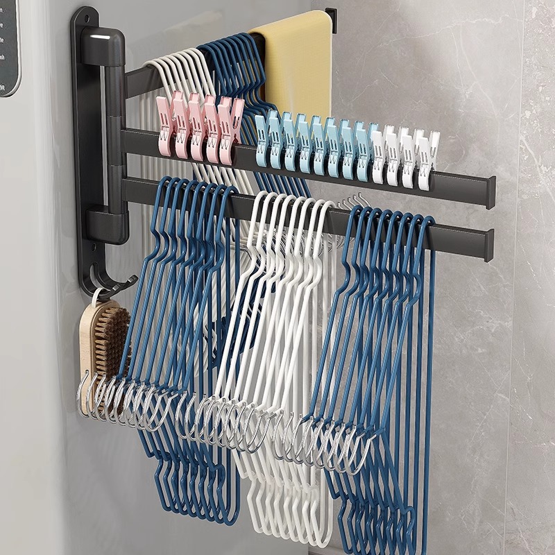 Rotating Towel Bar Drying Rack Toilet Non-perforated Bathroom Multi-bar Towel Rack Wall-mounted Storage Rack Storage Rack