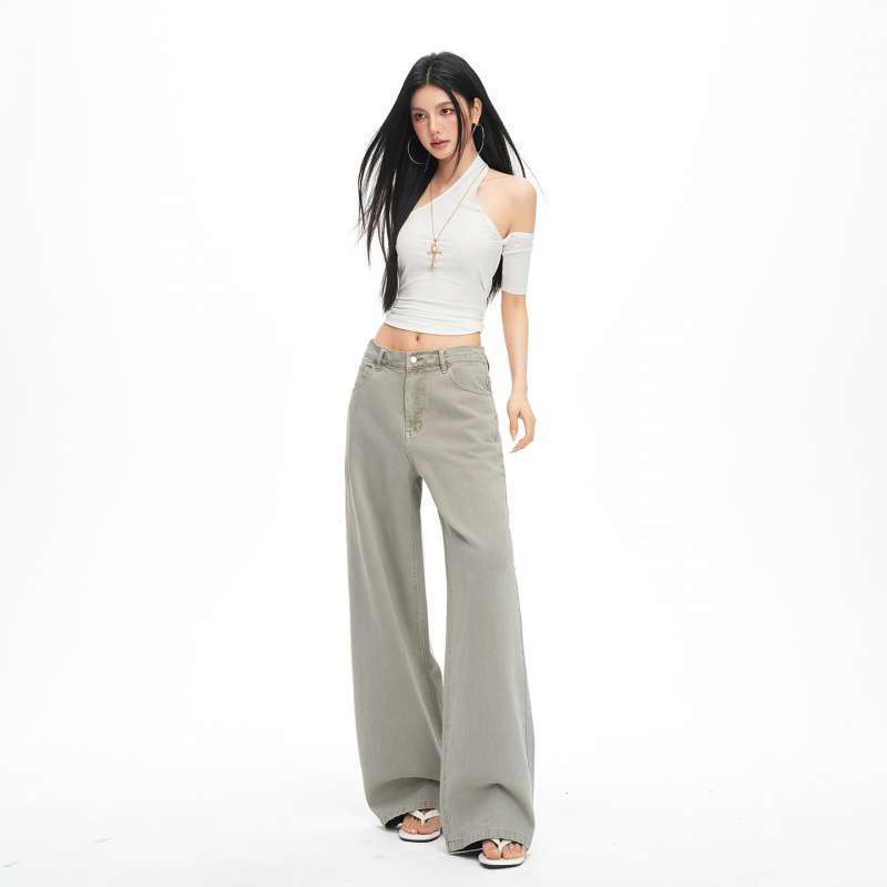 In-Stock Summer Low-Saturation Active Dye Washed High-Waisted Loose Straight-Leg Jeans for Women