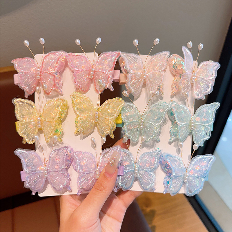 Niños nuevos clip de doble malla de mariposa lateral broche clip de cabello para niñas toque de cabello de princesa para mujeres