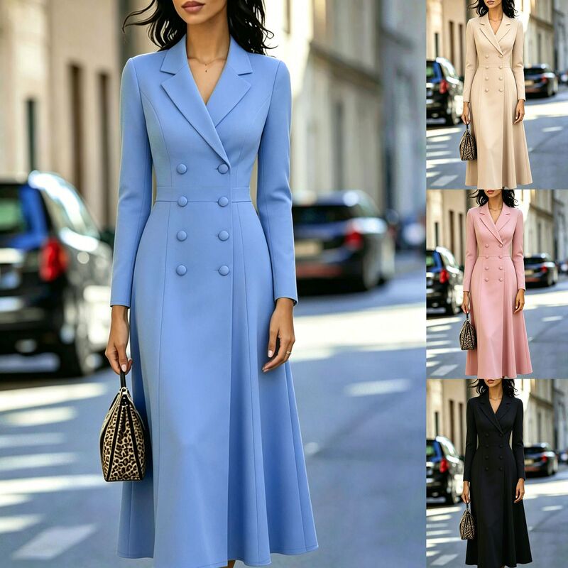 2026 Amazon Independent Site Cross-Border New Model Elegant Double-Breasted Suit Waist-Cinching Long Dress with a Large Hem 2026 Amazon Independent Site Cross-Border New Model Elegant Double-Breasted Suit Waist-Cinching Long Dress with a Large Hem