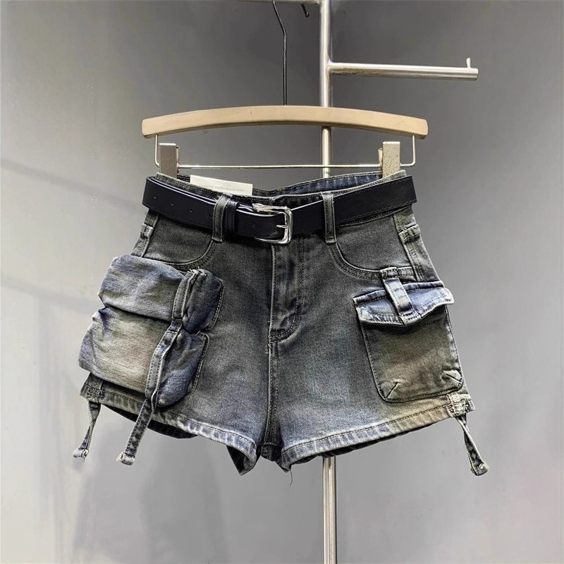 American Hot Girl High Street Straight Wide Leg Denim Shorts Women's Summer New Washed Retro Multi-Pocket Workwear Hot Pants