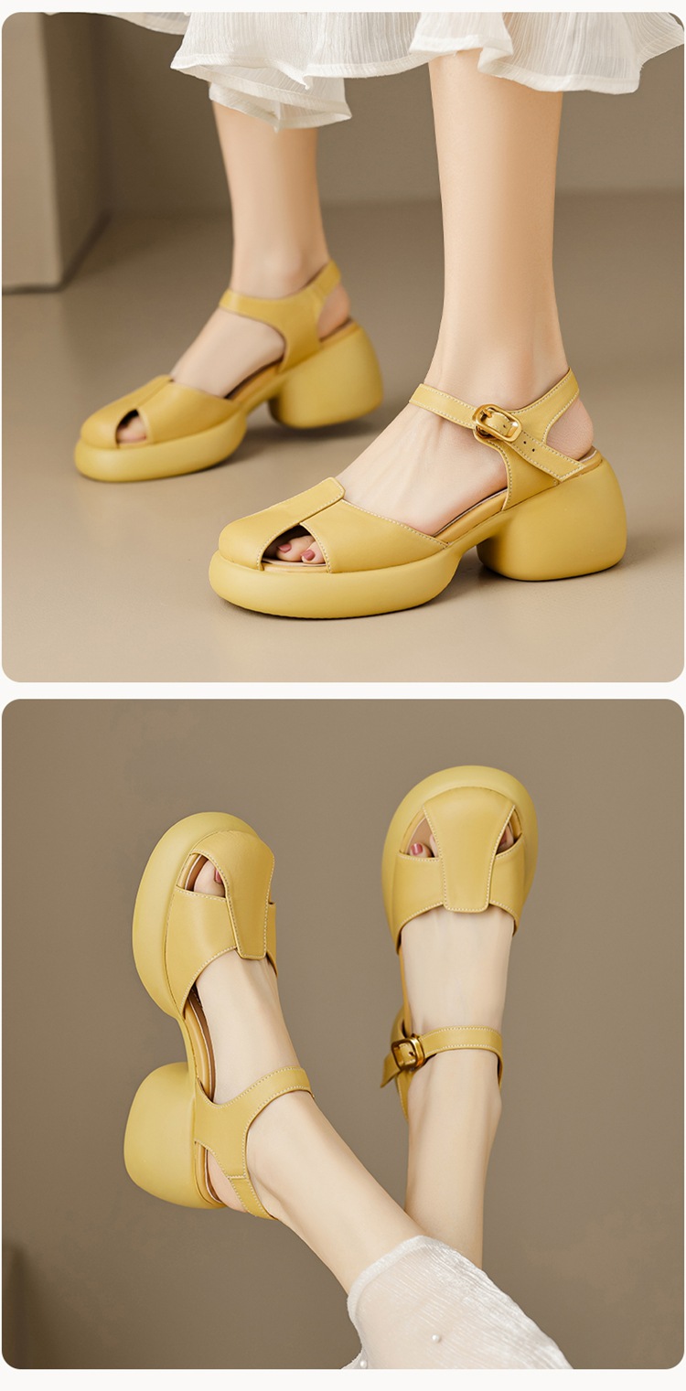 Sandal cao gót nữ bít mũi da cừu gót thô kiểu La Mã đế dày quai ngang — Màu trắng be chi tiết 7