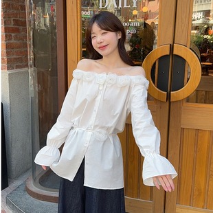 2025 Spring Design Sense Three-dimensional Flower off-shoulder Shirt Women's plus size chubby girl Beautiful Shoulder Long-sleeved Shirt