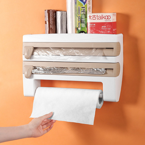 Multifunctional cling film cutter wall-mounted kitchen paper towel holder sliding blade aluminum foil dividing box storage shelf