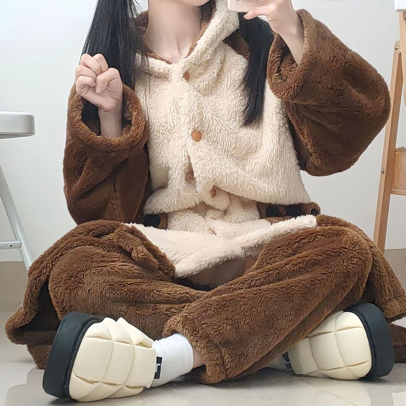 暹罗猫卡通睡衣女款秋冬季可爱珊瑚绒睡袍加绒加厚保暖套装家居服|undefined