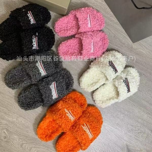Cross-Border Bajia 24 Fur Flat Cotton Shoes for Outer Wear Letter Embroidered Lamb Wool Couple Slippers Wholesale Thick Sole Style