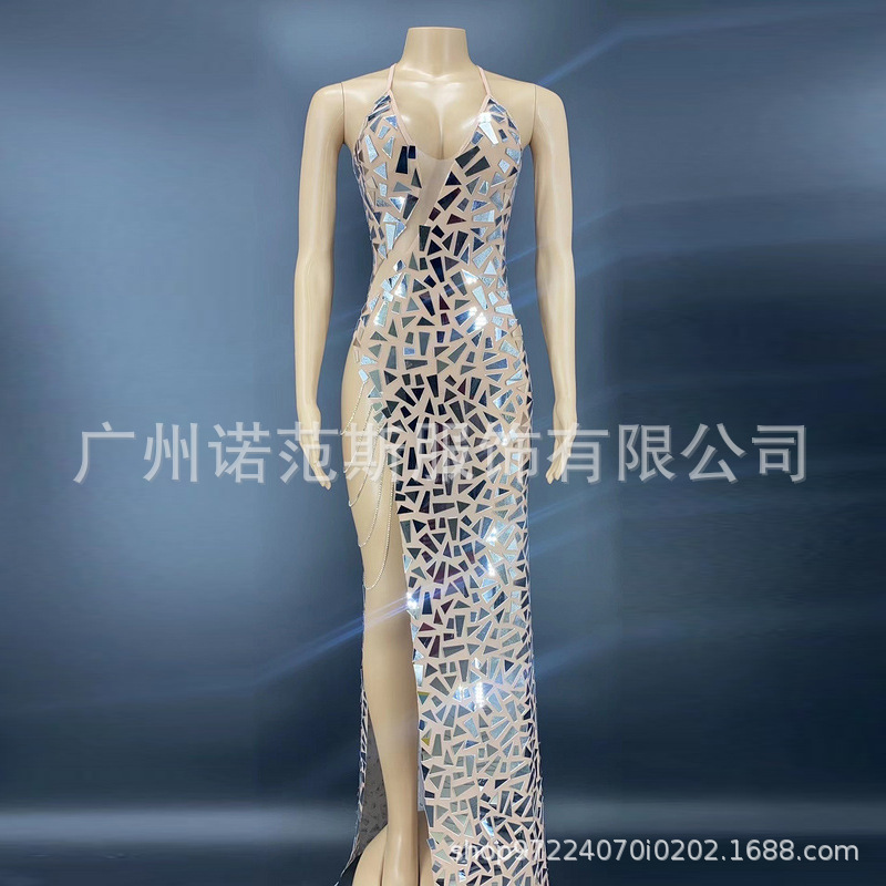 Women Fashion Dress Sexy Sequins Cocktail Dress Wedding Applique Sleeveless Long Silver Evening Dress