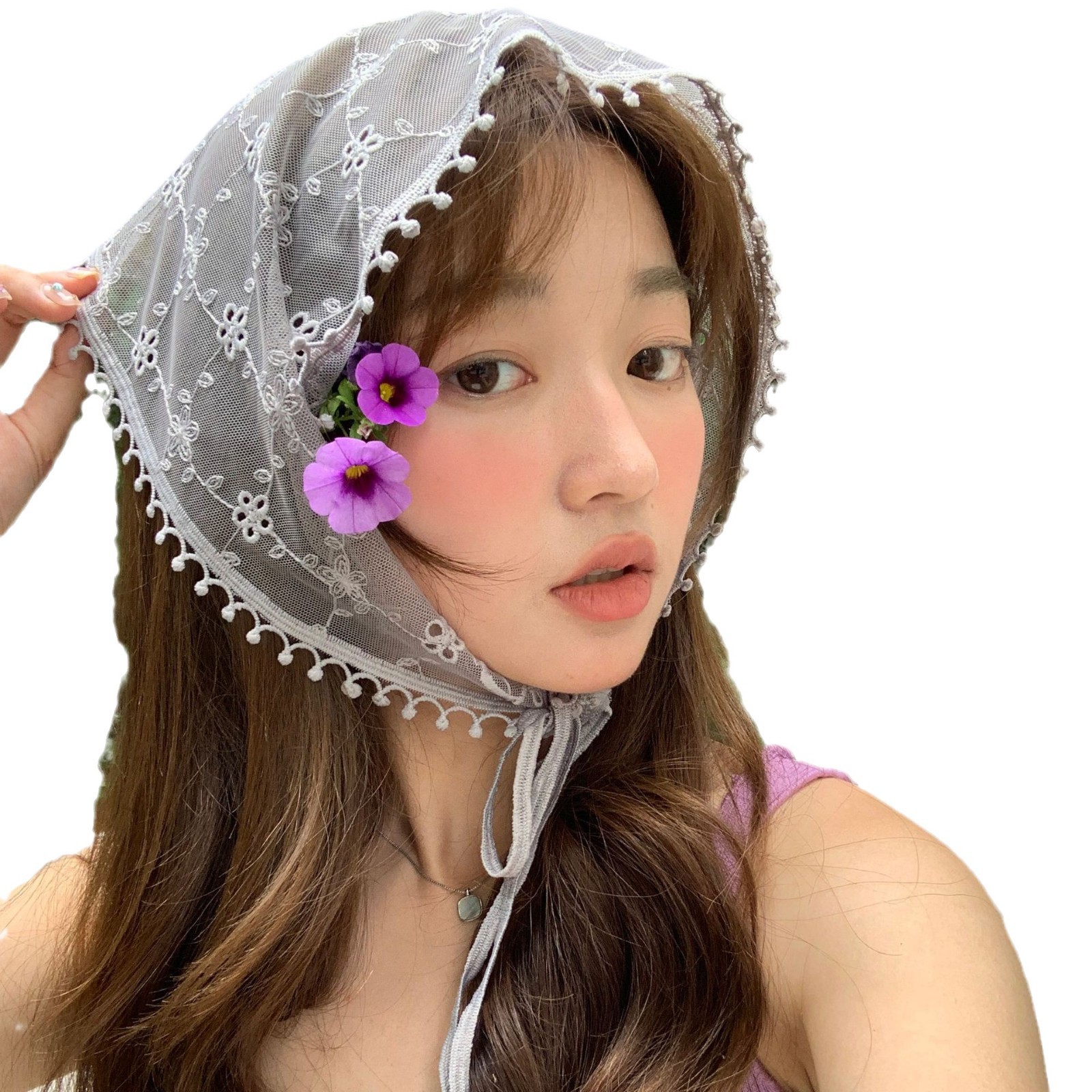 Pañuelo de encaje para mujer primavera y verano todo partido bordado pequeña flor decorativa triángulo con cordones bufanda de cuello bufanda corbata bufanda de pelo cinta