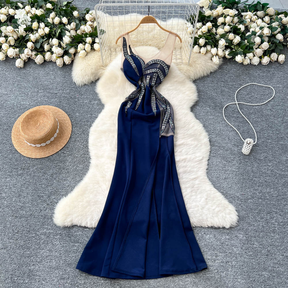 Cross-Border Evening Dress for Women, High-End, Elegant, Heavy-Duty Hot-Drilled Mesh Splicing, Tube Top, Waist Slimming, Slit Long Dress