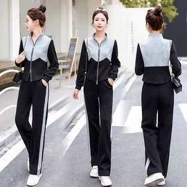 欧洲站2025春装新款撞色立领外套高腰直筒裤两件套运动休闲套装女